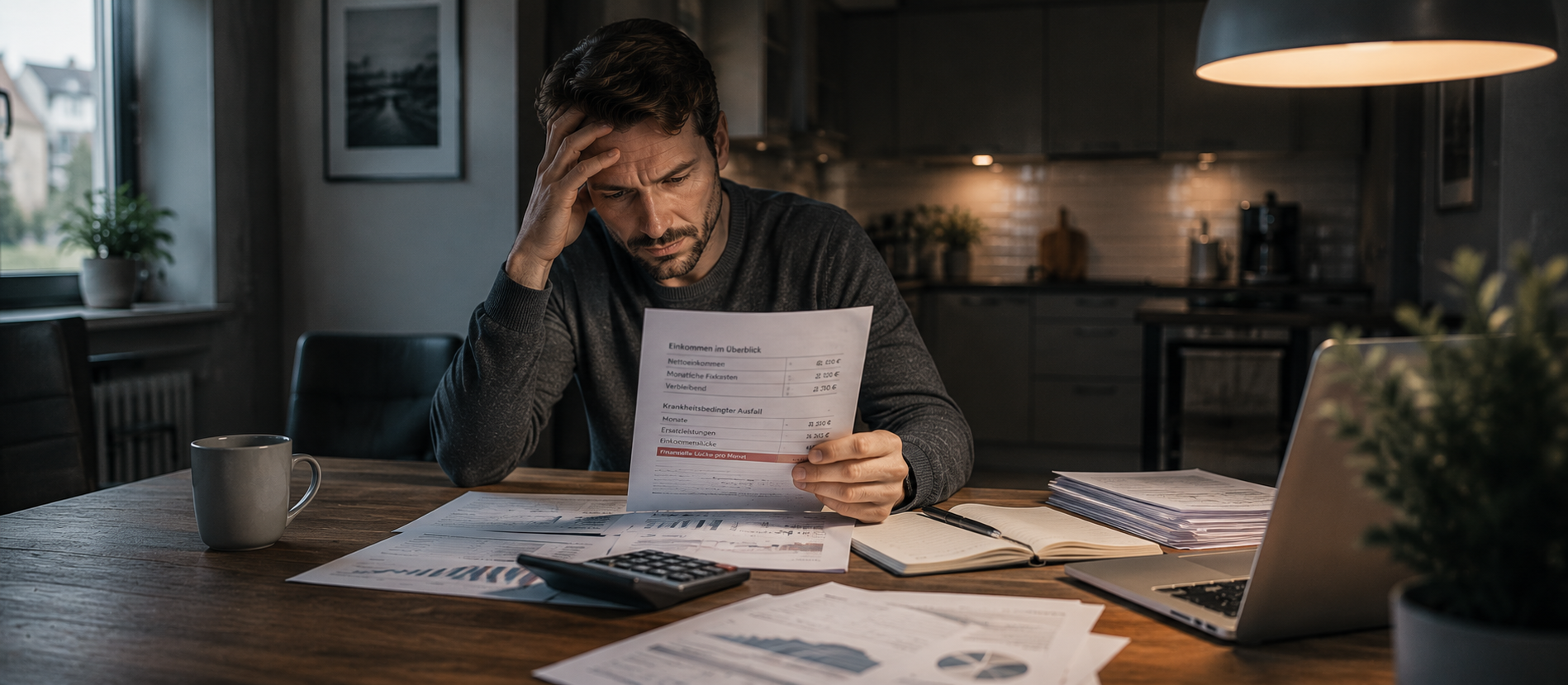 Ein Mann sitzt spätabends an einem Küchentisch voller Unterlagen und prüft angespannt seine Finanzen – ruhige Szene für Einkommensausfall, längere Krankheit und die finanzielle Realität bei fehlender Arbeitsfähigkeit.