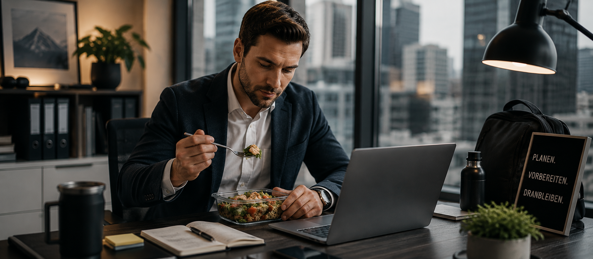 Mann sitzt im modernen Büro vor Laptop und isst eine vorbereitete gesunde Mahlzeit am Schreibtisch, warme urbane Lichtstimmung und ruhige Editorial-Atmosphäre vermitteln eine cineastische Szene über Ernährung im Berufsalltag, praktikable Routinen und realistische Lösungen statt Perfektion.