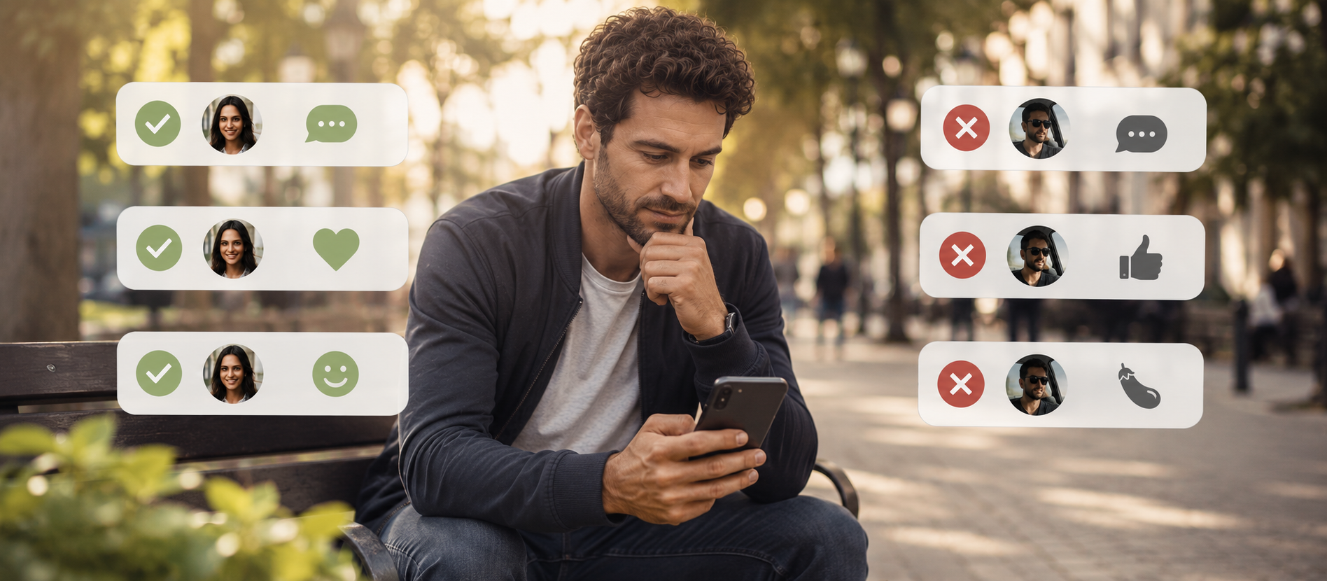 Nachdenklicher Mann sitzt allein auf Parkbank in warmer Abendstimmung und betrachtet konzentriert sein Smartphone, umgeben von schwebenden symbolischen Chat- und Reaktionsanzeigen ohne Text, ruhige cineastische Szene über erste Nachrichten beim Online-Dating, Kommunikation, Interesse und die Frage, welche Kontaktaufnahme authentisch wirkt und welche nicht.