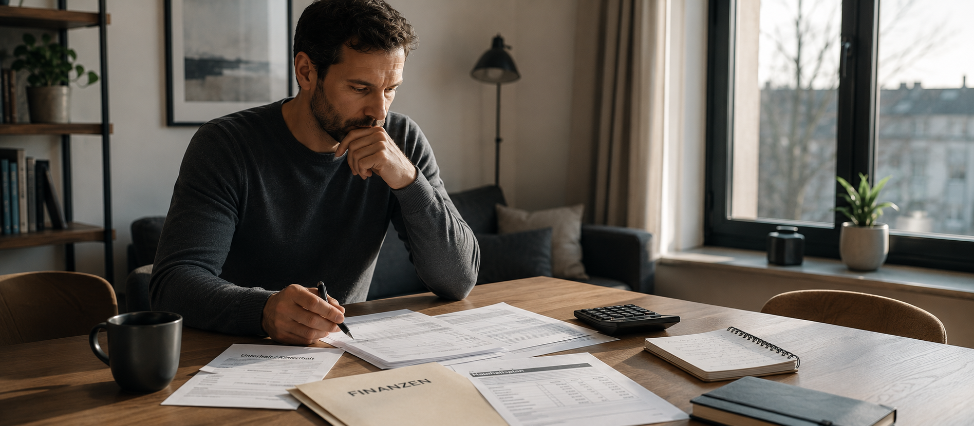 Ein Mann sitzt allein an einem Holztisch in einer ruhigen Wohnung und prüft konzentriert Finanzunterlagen und Rechnungen – zurückhaltende Szene für finanzielle Neuordnung, Trennung und strukturierte Entscheidungen im Alltag.