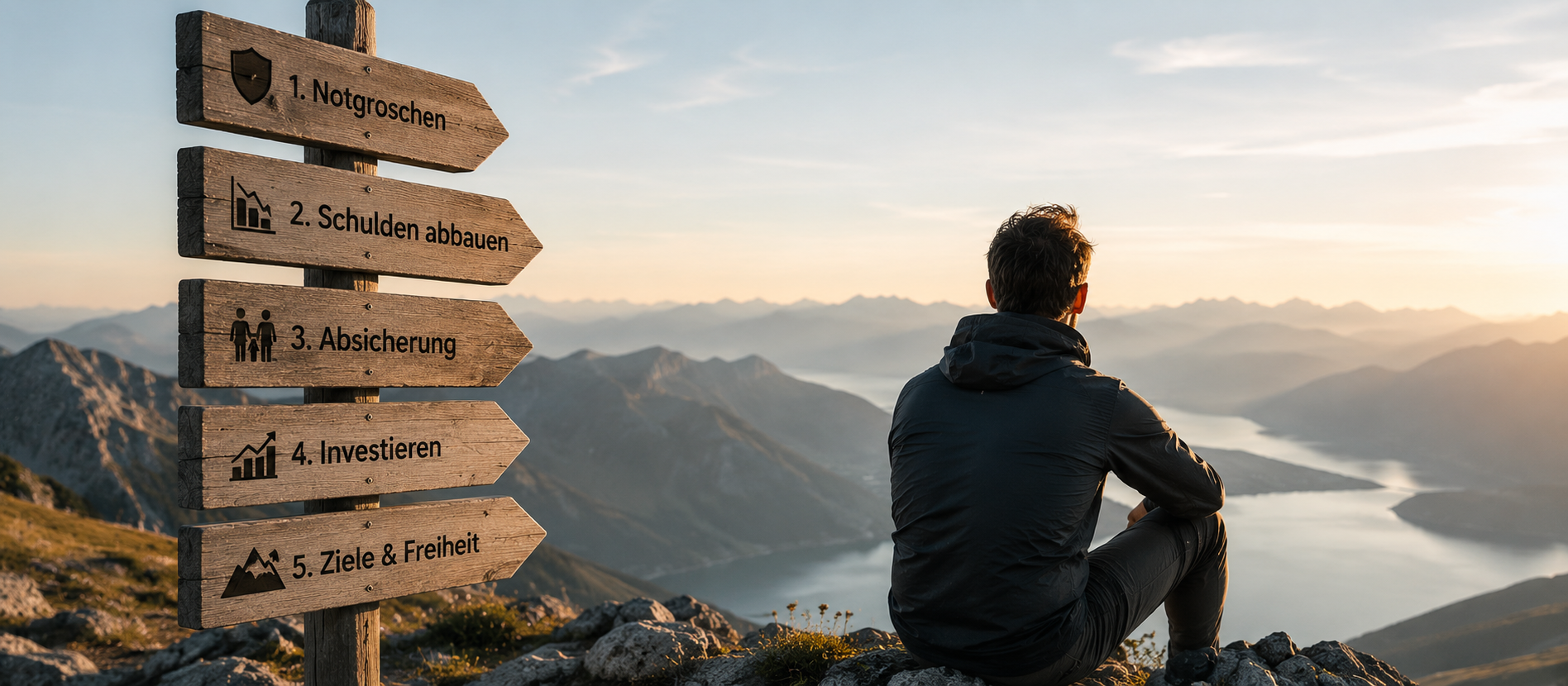 Ein Mann sitzt auf einem Berggipfel mit Blick über eine weite Landschaft und betrachtet verschiedene Wegweiser für finanzielle Entscheidungen – atmosphärische Szene für finanzielle Prioritäten, Reihenfolge bei Geldentscheidungen und langfristige Orientierung.