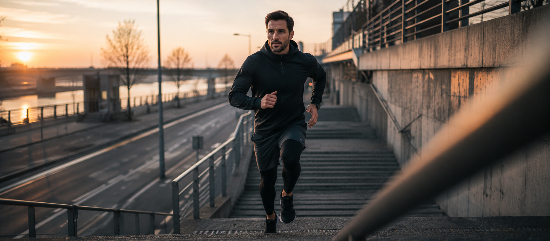 Sportlicher Mann läuft konzentriert eine urbane Treppe im warmen Morgenlicht hinauf, ruhige cineastische Editorial-Szene mit moderner Stadtarchitektur und klarer Bewegung über Fitness im Alltag, langfristige Routinen und die Bedeutung von Konsistenz statt kurzfristiger Motivation.