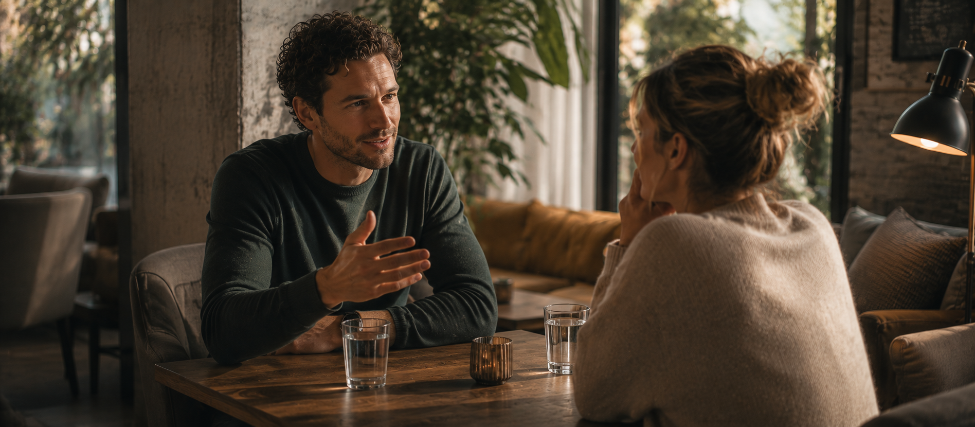 Mann und Frau führen ein ruhiges Gespräch in warmer Café-Atmosphäre, natürliche Gestik und aufmerksamer Blickkontakt ohne Inszenierung, moderne minimalistische Dating-Szene mit weichem Licht, entspannter Nähe und authentischer Kommunikation im hochwertigen Editorial-Stil.