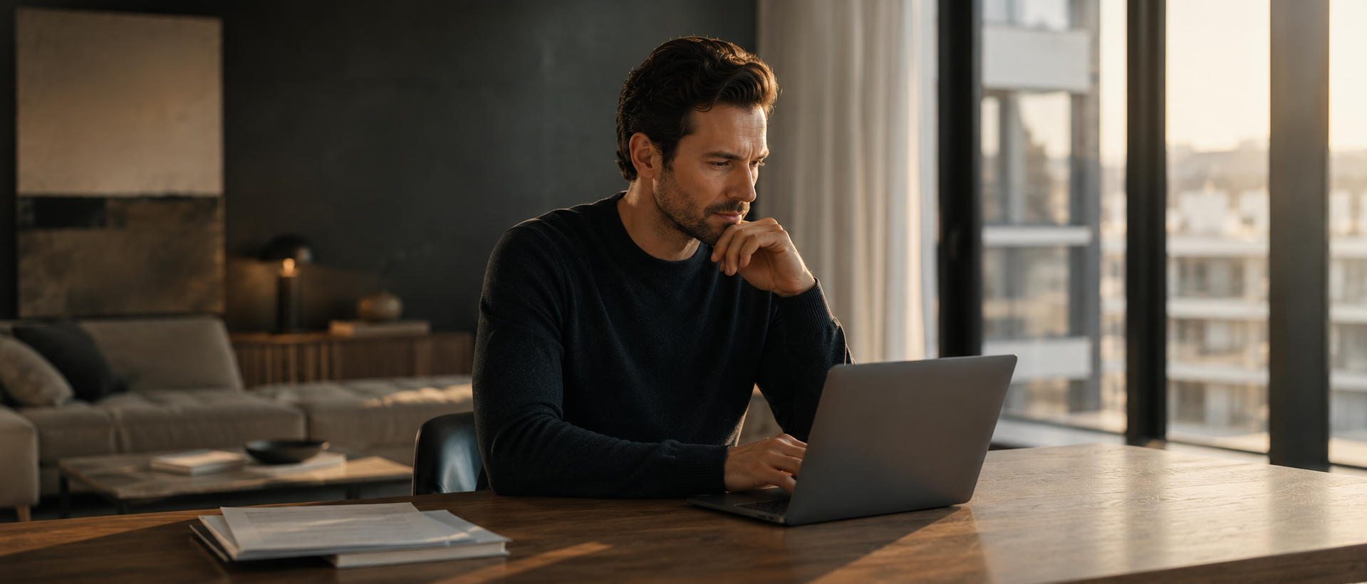 Mann arbeitet konzentriert an Laptop in modernem Wohnraum mit warmem Abendlicht und minimalistischer Einrichtung – ruhige atmosphärische Darstellung zum Thema Girokonto wechseln und strukturierte Finanzorganisation ohne Chaos.
