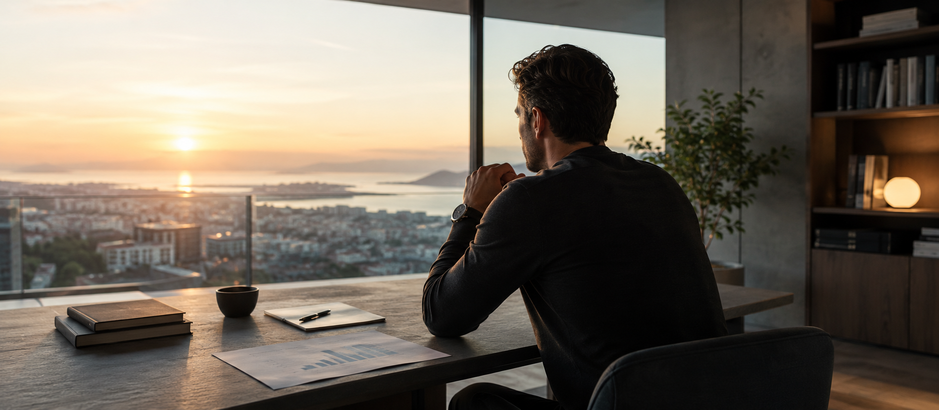 Ein Mann sitzt in einem modernen, ruhigen Arbeitsbereich vor einer großen Fensterfront und blickt auf die Stadt bei Sonnenuntergang – Symbol für langfristige Finanzplanung, Vermögensaufbau und finanzielle Freiheit.