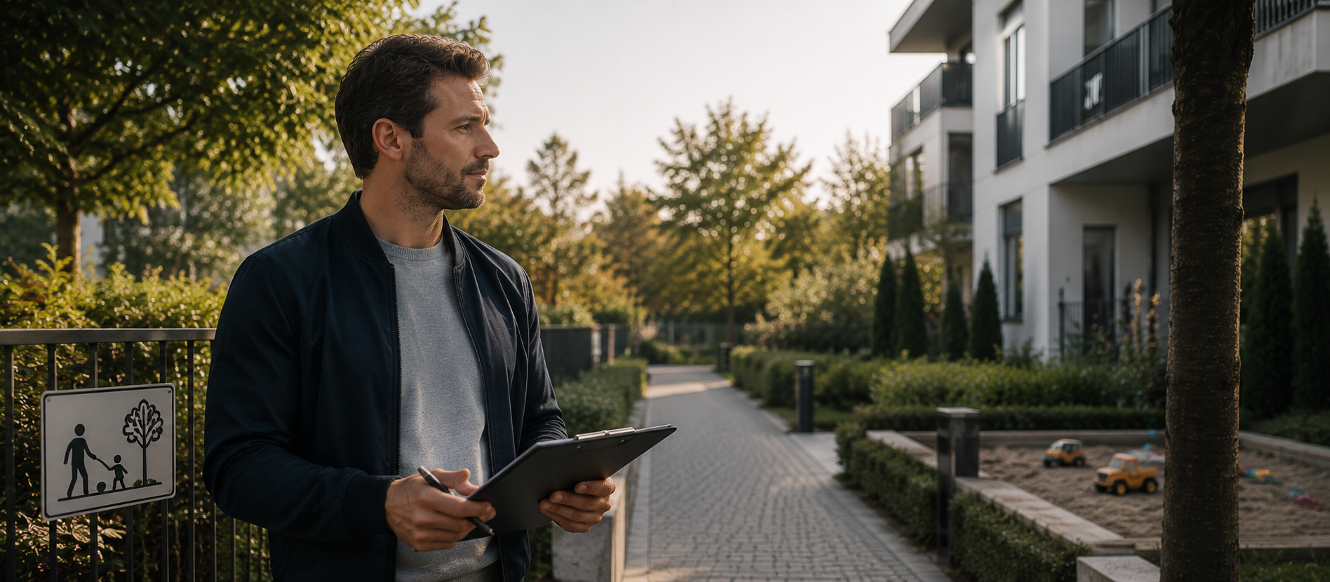 Ein Mann steht in einer modernen Wohnanlage mit Tablet in der Hand und blickt aufmerksam über gemeinschaftliche Außenflächen – ruhige Szene für Verantwortung, Immobilienbesitz und die Absicherung durch eine Haus- und Grundbesitzerhaftpflichtversicherung.