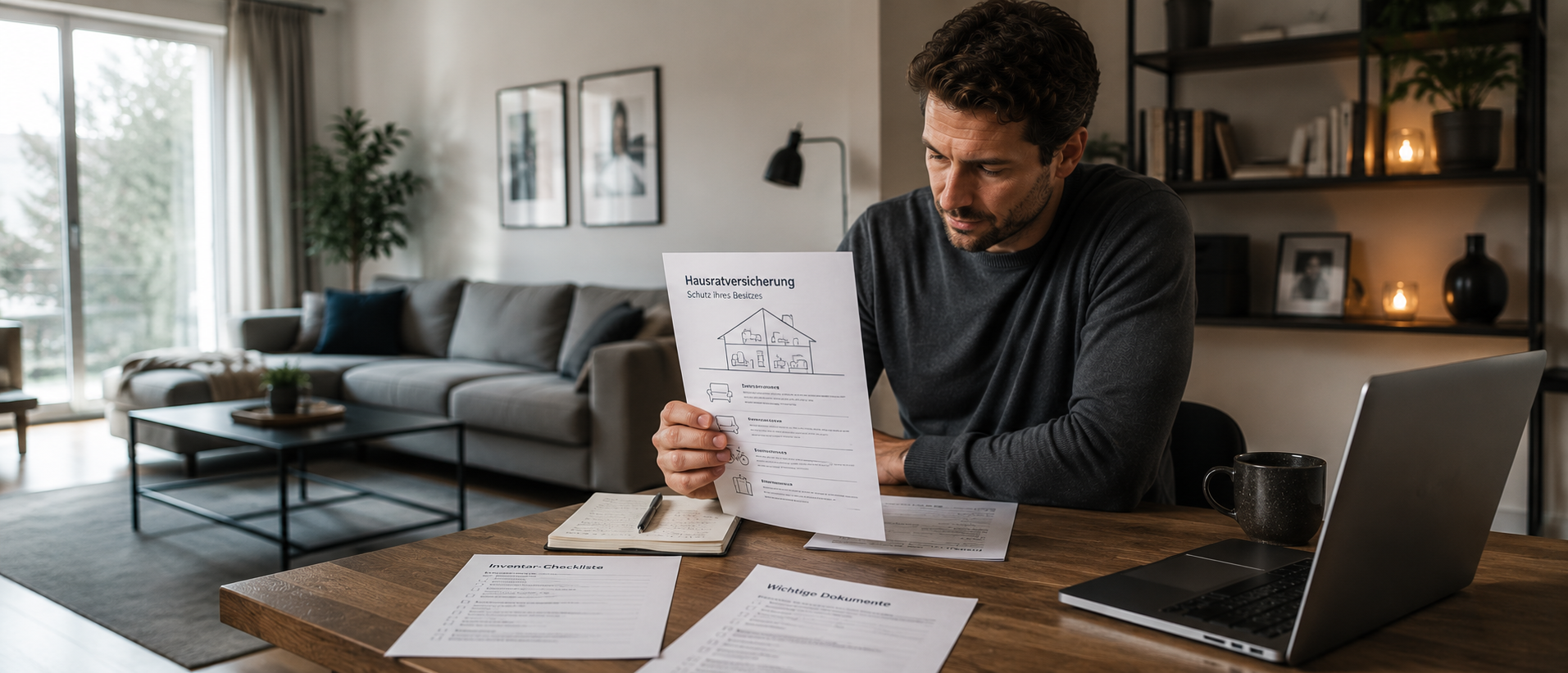 Ein Mann sitzt in einem modernen Wohnzimmer an einem Holztisch und prüft aufmerksam Unterlagen zur Hausratversicherung – ruhige Szene für den Schutz des eigenen Besitzes, finanzielle Absicherung und verantwortungsvolle Vorsorge im Alltag.