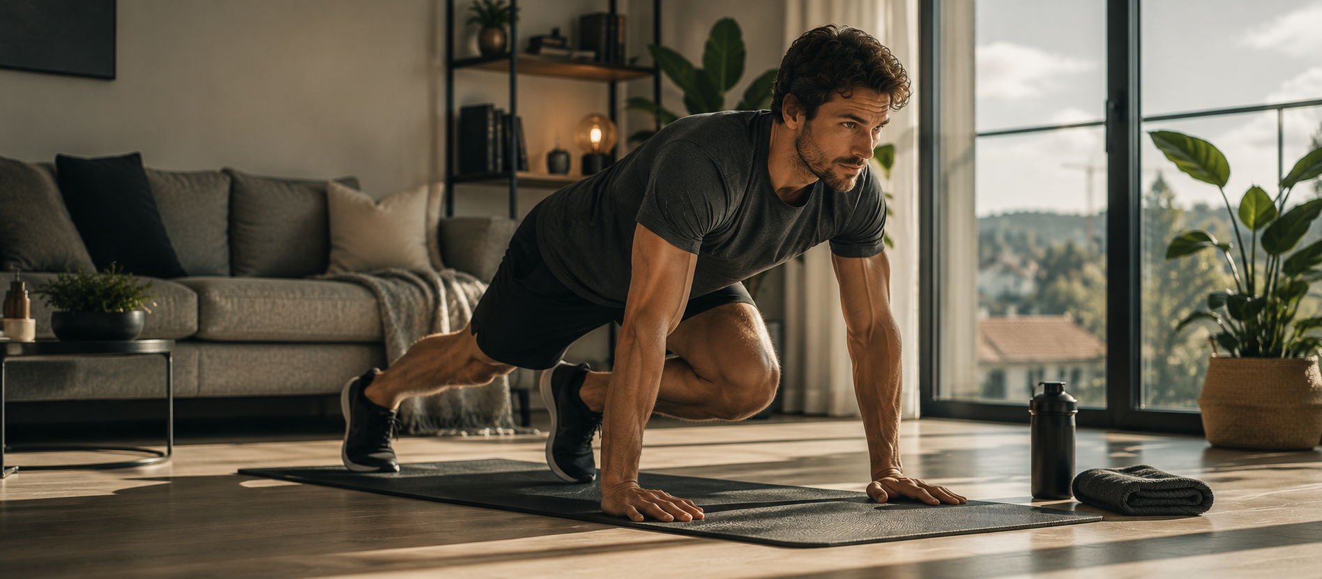 Sportlicher Mann trainiert mit Eigengewichtsübungen auf Matte in hellem modernen Wohnraum mit großen Fenstern und warmem Tageslicht, ruhige cineastische Editorial-Szene über alltagstaugliche Homeworkouts, Fitness zuhause und realistisches Training für Männer ohne Fitnessstudio.
