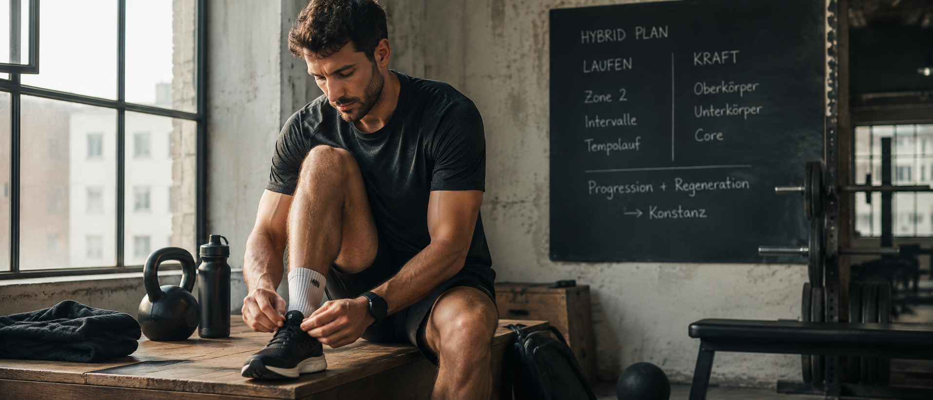 Mann sitzt in ruhigem Industrial-Gym auf Holzbank und bindet konzentriert seine Laufschuhe zwischen Kettlebell und Krafttrainingsequipment, natürliche cineastische Editorial-Szene mit unbeobachteter Atmosphäre über Hybridtraining, strukturierte Trainingsroutinen und die nachhaltige Kombination aus Laufen und Krafttraining.