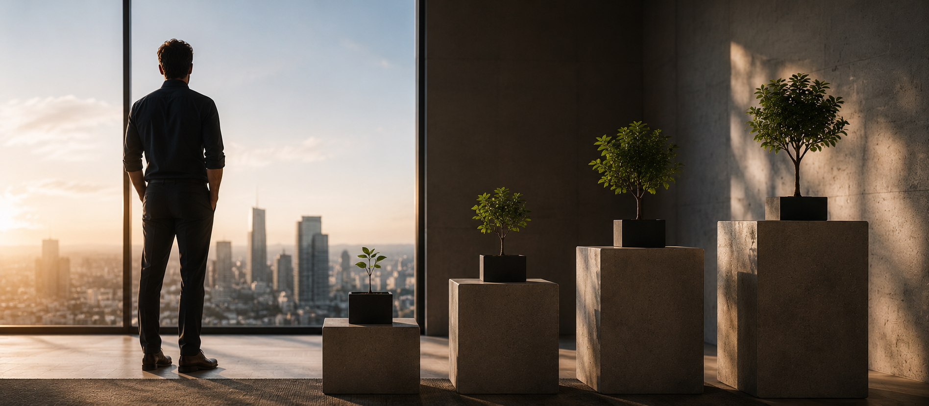Ein Mann blickt in einem modernen, lichtdurchfluteten Interior über eine urbane Skyline, während abgestufte Podeste mit kleinen Bäumen Wachstum und langfristige Entwicklung symbolisieren – ruhige Editorial-Szene für Grundlagen der Geldanlage und strukturierten Vermögensaufbau.