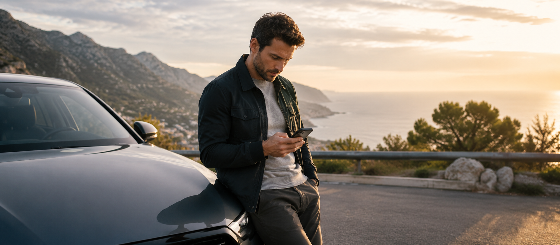 Ein Mann lehnt bei Sonnenuntergang an seinem Auto auf einer Küstenstraße und prüft auf dem Smartphone Versicherungsinformationen – ruhige Szene für bewusste Entscheidungen rund um die Kfz-Versicherung und finanzielle Verantwortung.