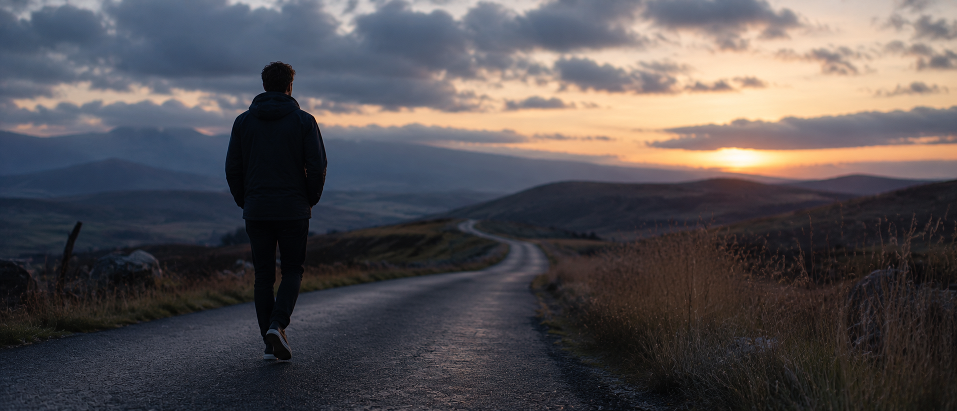 Allein gehender Mann auf leerer Landstraße bei ruhiger Abenddämmerung, weite offene Landschaft mit sanften Hügeln und warmem Licht am Horizont, cineastische Szene über Abstand, emotionale Verarbeitung und innere Stabilisierung nach einer Trennung im minimalistischen Editorial-Stil.