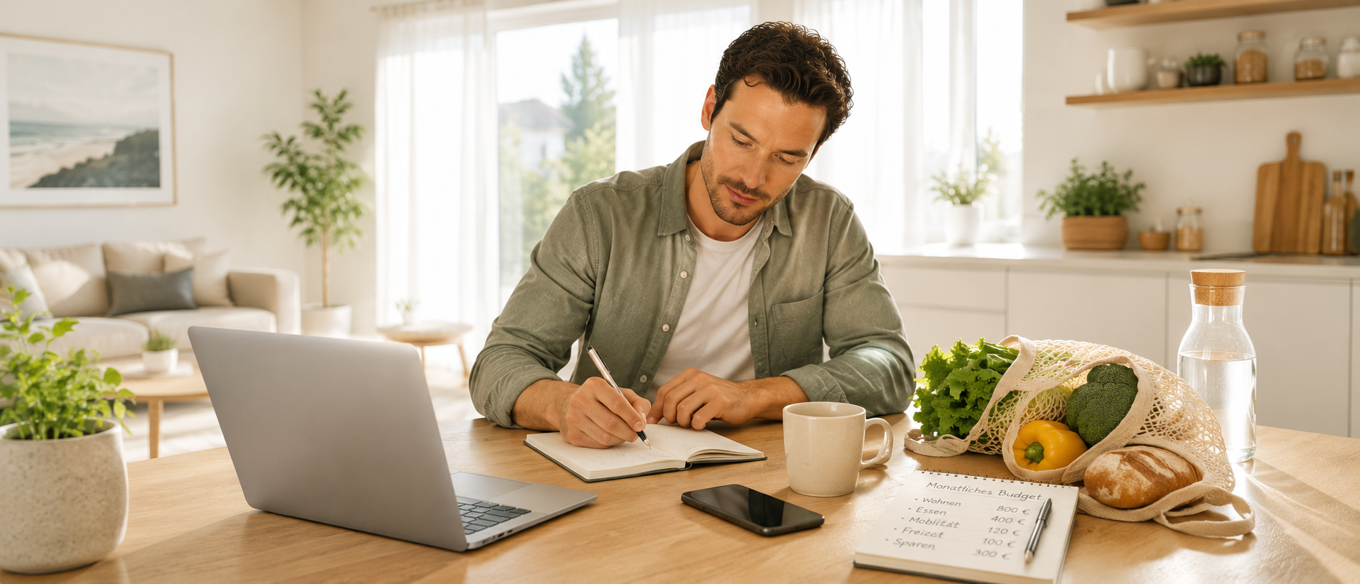 Mann plant Ausgaben und Alltag in heller moderner Küche mit Laptop, Notizbuch und Lebensmitteln auf Holztisch – freundliche atmosphärische Darstellung zum Thema Kostenminimierung im Alltag und bewusster Umgang mit Geld.