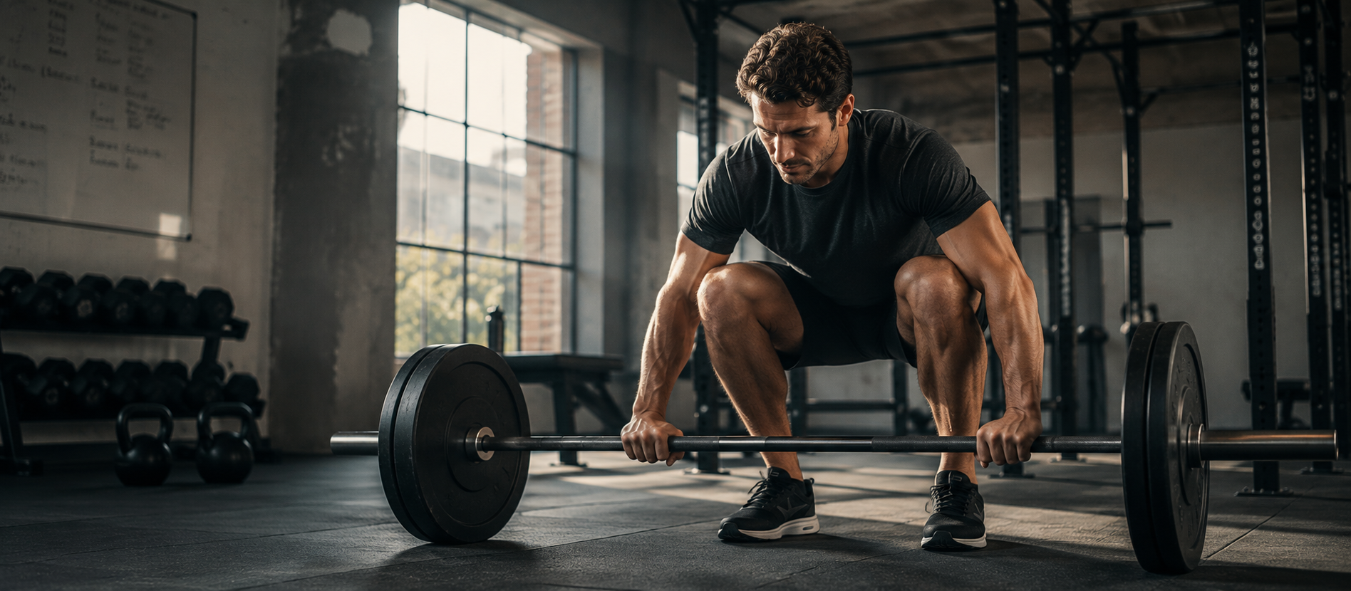 Sportlicher Mann bereitet sich in modernem Industrial-Gym konzentriert auf eine Langhantelübung vor, warme natürliche Lichtstimmung und reduzierte Trainingsumgebung vermitteln eine hochwertige cineastische Editorial-Szene über Krafttraining, stabile Grundlagen und einen realistischen Einstieg für Männer und Wiedereinsteiger.