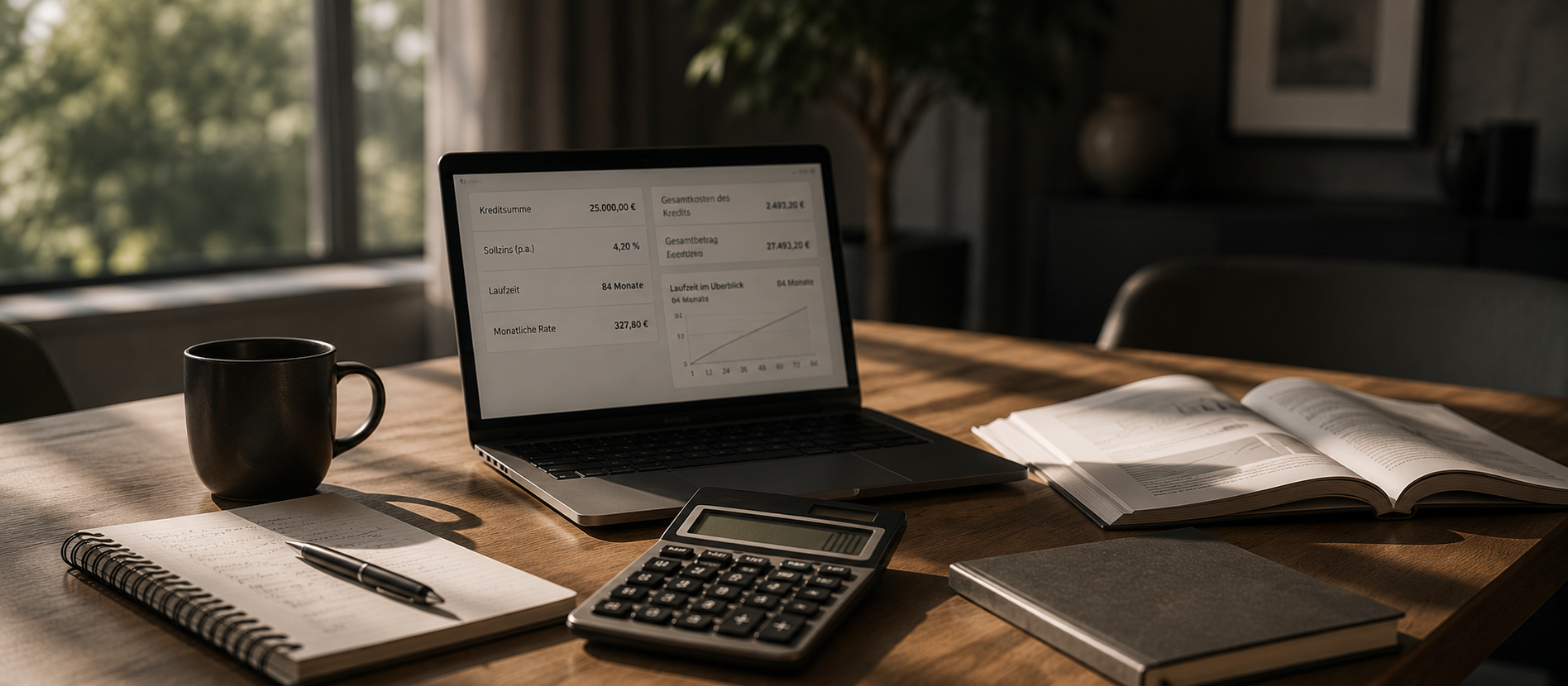 Ein Laptop mit Kreditübersicht, Taschenrechner und Unterlagen steht auf einem Holztisch im warmen Tageslicht – ruhige Szene für Kreditgesamtkosten, Laufzeit und strukturierte Finanzplanung im Alltag.