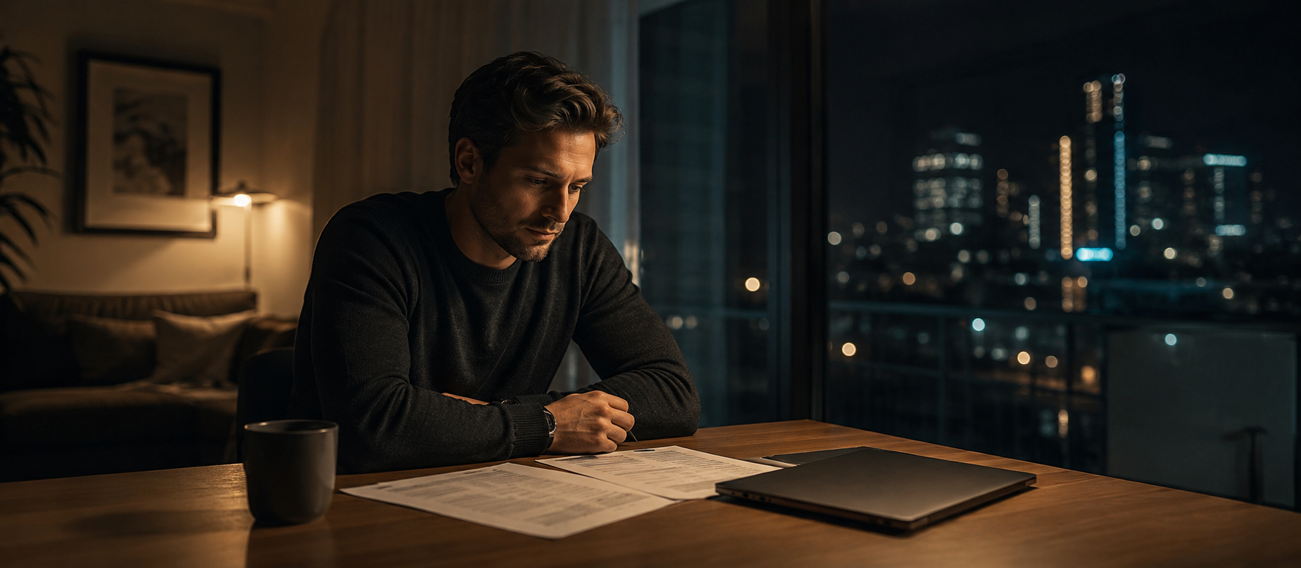 Nachdenklicher Mann in moderner Stadtwohnung bei Nacht, sitzt ruhig an einem Tisch mit Unterlagen und geschlossenem Laptop vor beleuchteter Skyline.