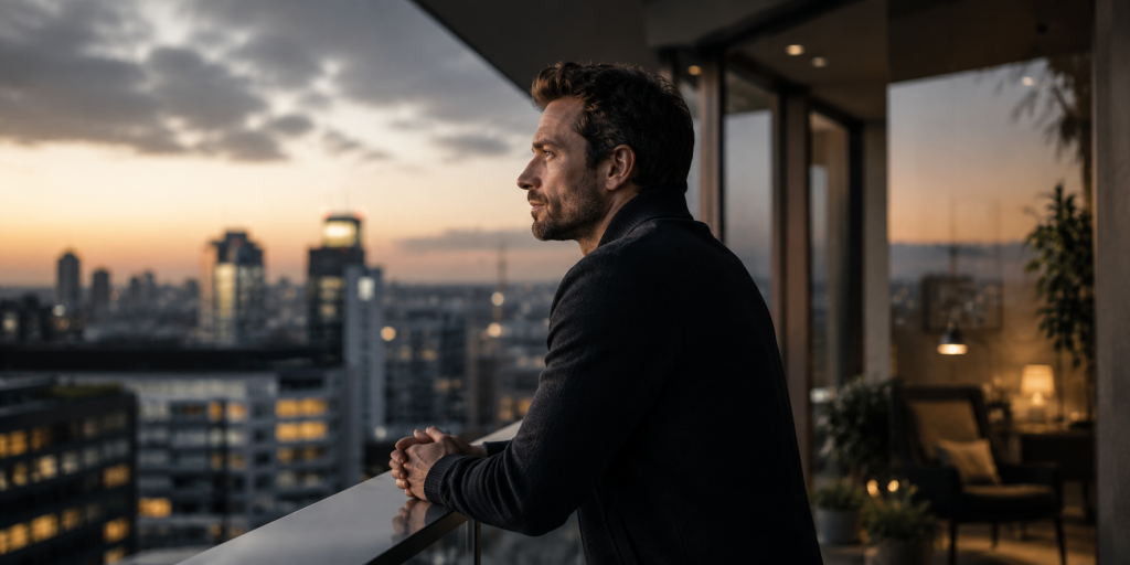 Mann auf modernem Balkon mit Blick über die Stadt in der Abenddämmerung – symbolisches Bild für Kredit trotz gutem SCHUFA-Score abgelehnt und die tatsächliche Bankenbewertung.