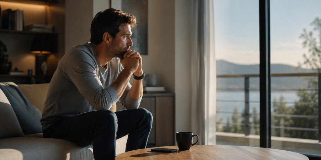 Kreditentscheidungsmodell: Nachdenklicher Mann in modernem Wohnraum mit Blick durch große Glasfront, ruhige und emotionale Atmosphäre bei belastenden finanziellen Entscheidungen.
