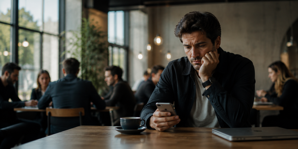 Vergleichsdruck bei finanziellen Entscheidungen: Nachdenklicher Mann in modernem Café blickt auf sein Smartphone, während Menschen im Hintergrund Gespräche führen und soziale Vergleichsdynamiken spürbar werden.
