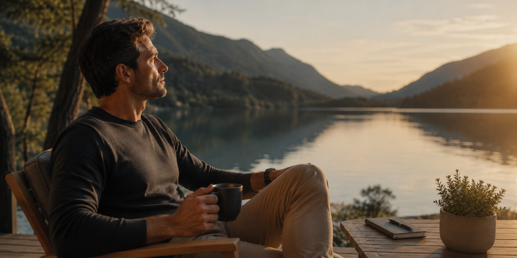 Finanzielle Stabilität statt Optimierungsdruck: Ruhiger Mann sitzt entspannt mit Blick auf einen See bei Sonnenuntergang und reflektiert moderne finanzielle Prioritäten in natürlicher, gelassener Atmosphäre.