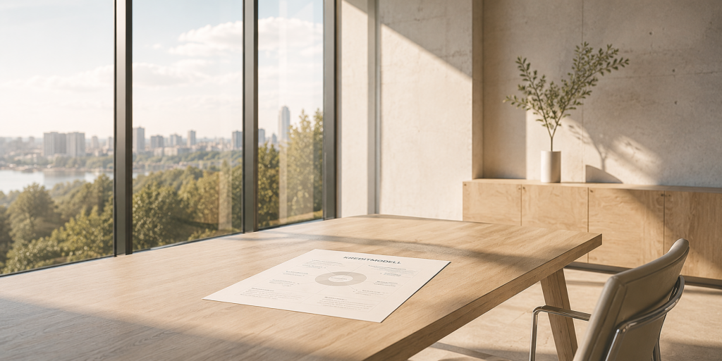 Kreditentscheidungsmodell in modernem Büro: Heller minimalistischer Arbeitsraum mit großen Glasfenstern, natürlichem Sonnenlicht und dezentem Kreditmodell auf hellem Holzschreibtisch in ruhiger Editorial-Atmosphäre.