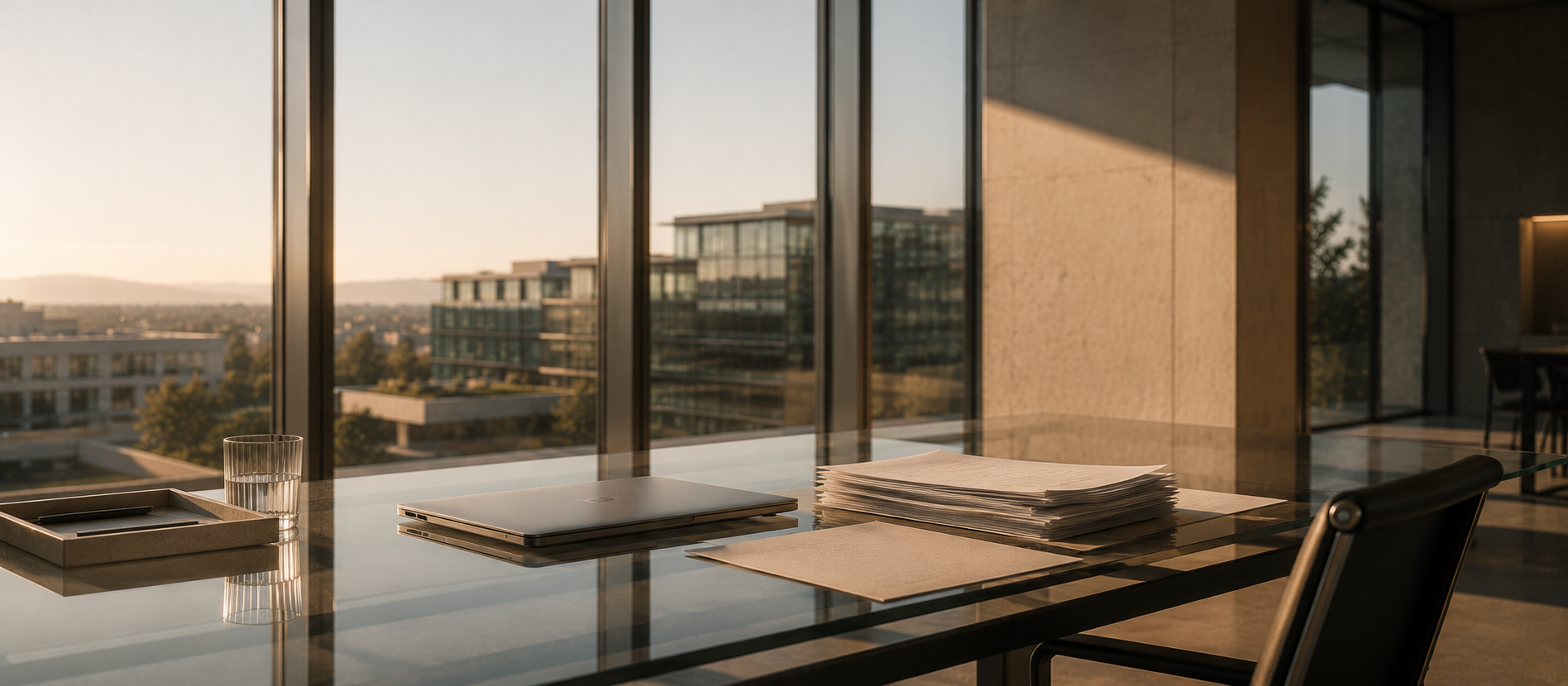 Moderner minimalistischer Businessraum mit großen Glasflächen, geordneten Unterlagen und geschlossenem Laptop auf Glastisch bei warmem Abendlicht – ruhige hochwertige Darstellung zum Thema Kreditfähigkeit realistisch einschätzen und langfristige finanzielle Planung.