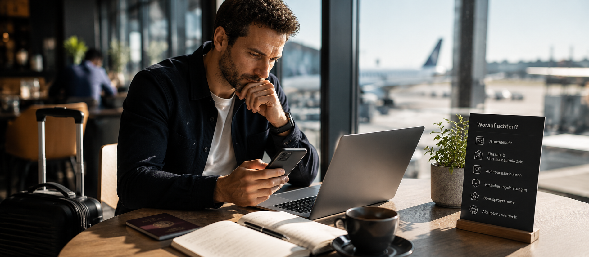 Ein Mann sitzt in einer ruhigen Flughafenlounge mit Laptop, Smartphone und Reisepass am Tisch und prüft aufmerksam finanzielle Informationen – moderne Szene für Kreditkartenvergleich, Kostenbewusstsein und finanzielle Entscheidungen vor der Beantragung.
