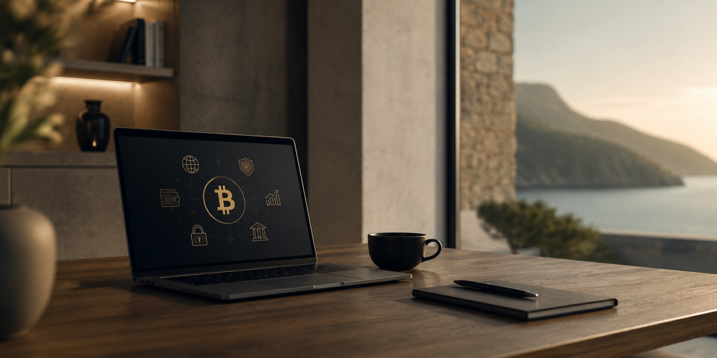 Kryptowährungen einfach erklärt: Moderner Arbeitsplatz mit Laptop und Bitcoin-Symbol in ruhiger Atmosphäre – symbolisches Bild für digitale Finanzen und Grundlagen von Kryptowährungen.
