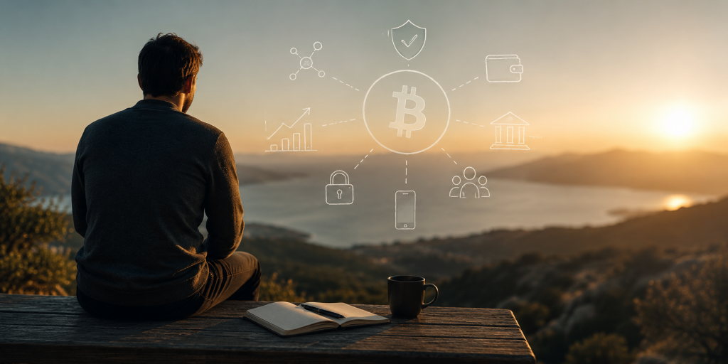 Kryptowährungen einfach erklärt: Mann blickt bei Sonnenuntergang über eine ruhige Küstenlandschaft, während digitale Symbole Blockchain und moderne Finanzsysteme darstellen.