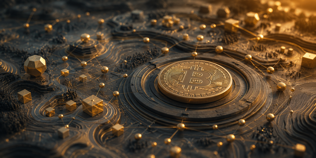 Abstrakte digitale Netzwerkstruktur mit Bitcoin-Symbol und verbundenen Elementen als Darstellung moderner Blockchain- und Finanztechnologie.