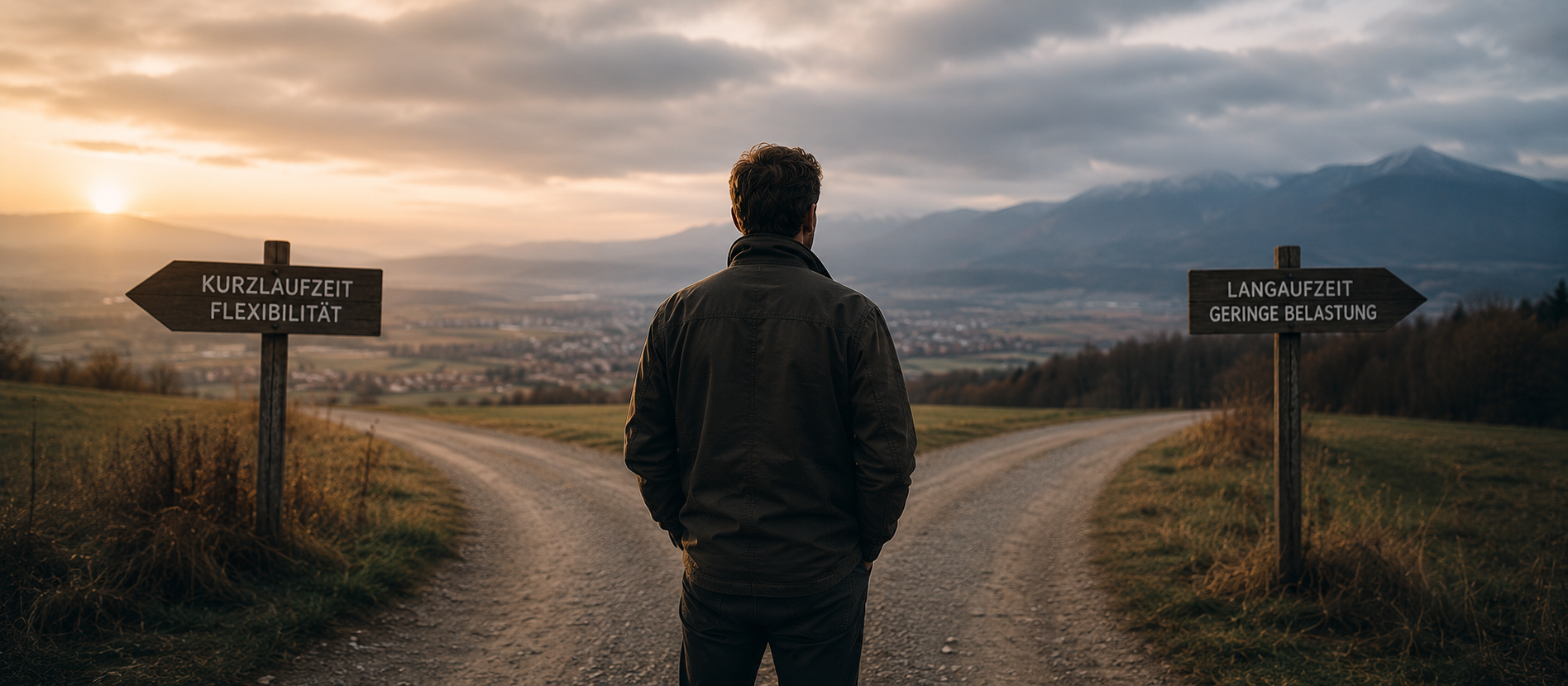 Ein Mann steht an einer Weggabelung in einer ruhigen Berglandschaft und blickt auf zwei unterschiedliche Wege – atmosphärische Szene für die Abwägung zwischen kurzer und langer Kreditlaufzeit, finanzieller Flexibilität und langfristiger Belastung.
