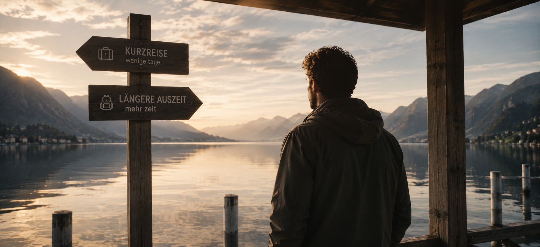 Mann an ruhigem Holzsteg mit Blick über stillen Bergsee bei warmer Abendstimmung, minimalistisches Reiseszenario mit Wegweisern für Kurzreise und längere Auszeit, friedliche Atmosphäre zwischen Orientierung, Entscheidung und innerer Ruhe im hochwertigen Editorial-Stil.