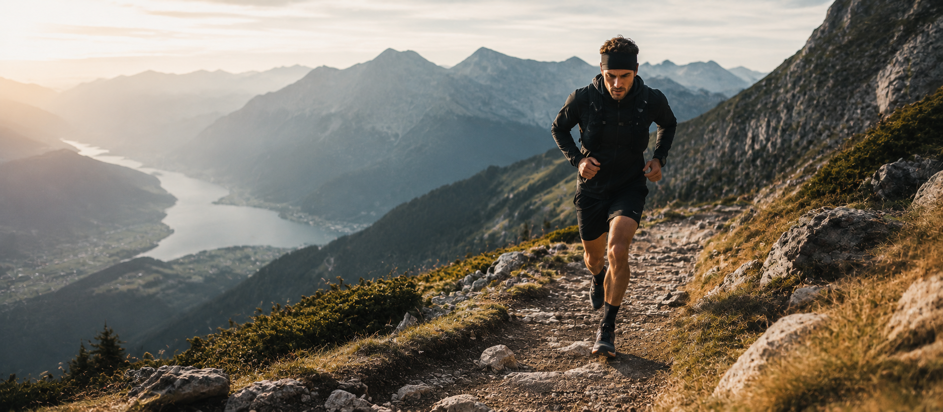 Mann läuft konzentriert auf schmalem Bergpfad oberhalb eines ruhigen Tals im warmen Morgenlicht, natürliche cineastische Editorial-Szene mit felsiger Landschaft, weiter Aussicht und unbeobachteter Bewegung über Lauftraining am Berg, Ausdauer, Kraftaufbau und stabile körperliche Belastbarkeit.