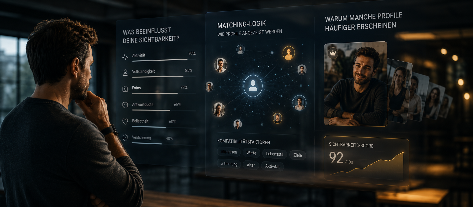 Nachdenklicher Mann steht in modernem, dunkel gehaltenem Innenraum vor transparenter digitaler Anzeige mit Profilmetriken und Matching-Faktoren, warme cineastische Lichtstimmung vermittelt eine ruhige Szene über Sichtbarkeit, Algorithmen und die Frage, warum manche Dating-Profile häufiger angezeigt werden als andere.