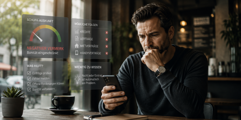 Ein Mann prüft Informationen auf seinem Smartphone. Die Szene symbolisiert negative SCHUFA-Einträge und deren mögliche Folgen für Bonität, Kreditwürdigkeit und finanzielle Entscheidungen.