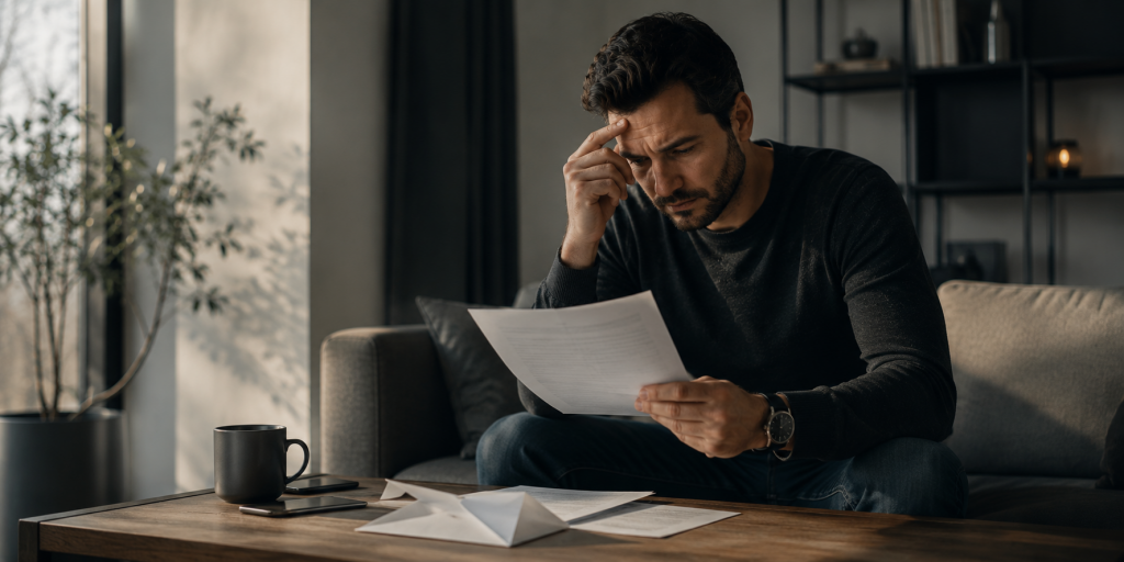 Negative SCHUFA-Einträge können Kredite, Mietverträge und andere finanzielle Entscheidungen beeinflussen. Ein Mann prüft nachdenklich Unterlagen zu seiner finanziellen Situation in seinem Zuhause.