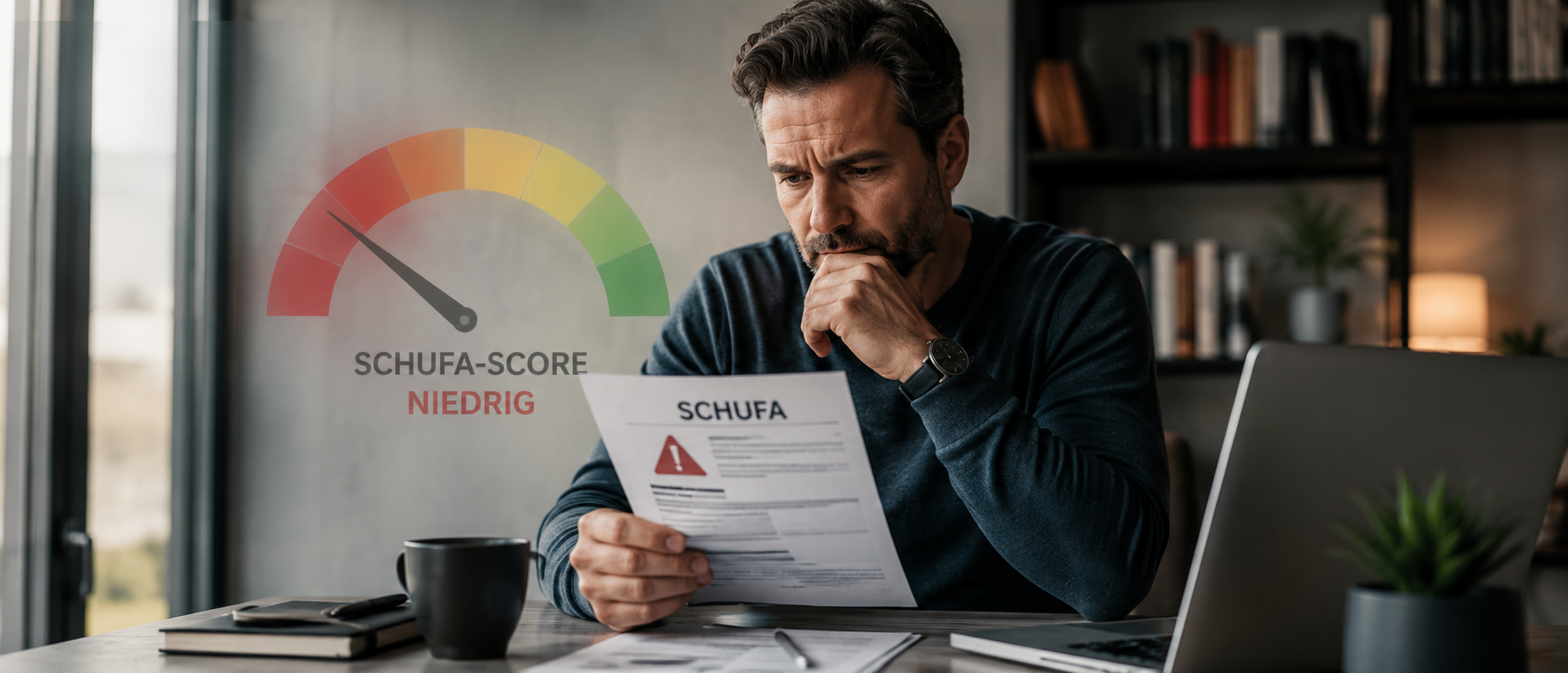 Ein Mann sitzt nachdenklich an seinem Schreibtisch und prüft ein Dokument zu seiner Bonitätsauskunft. Die ruhige Büroumgebung und sein konzentrierter Blick vermitteln Unsicherheit, finanzielle Verantwortung und die Bedeutung negativer SCHUFA-Einträge für wichtige Entscheidungen.