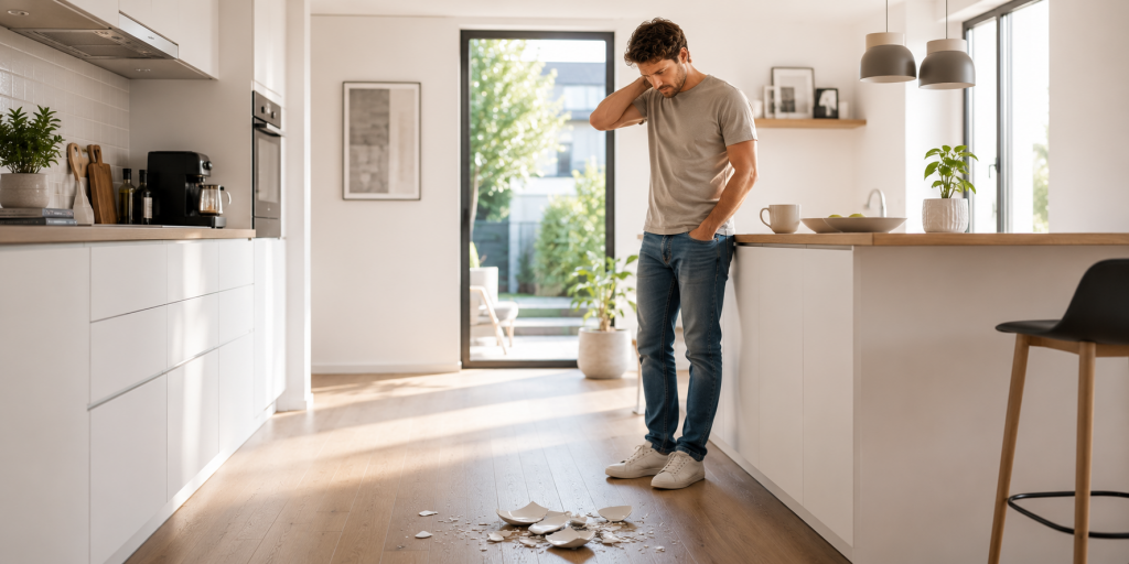 Private Haftpflichtversicherung für Männer: Ein Mann steht in einer modernen Küche und blickt nachdenklich auf beschädigtes Geschirr auf dem Boden – authentische Alltagsszene für Verantwortung, finanzielle Absicherung und den Schutz vor unerwarteten Kosten.