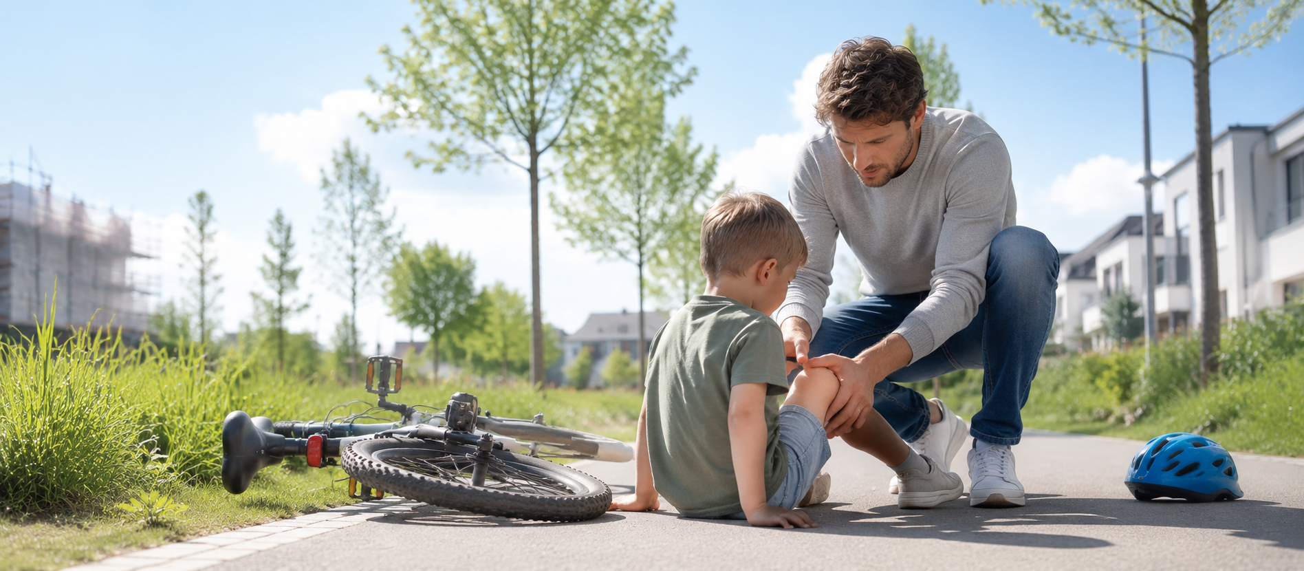 Ein Mann hilft einem Jungen nach einem Fahrradsturz auf einer sonnigen Wohnstraße – ruhige Alltagsszene für Verantwortung, Absicherung und die Bedeutung einer privaten Haftpflichtversicherung.