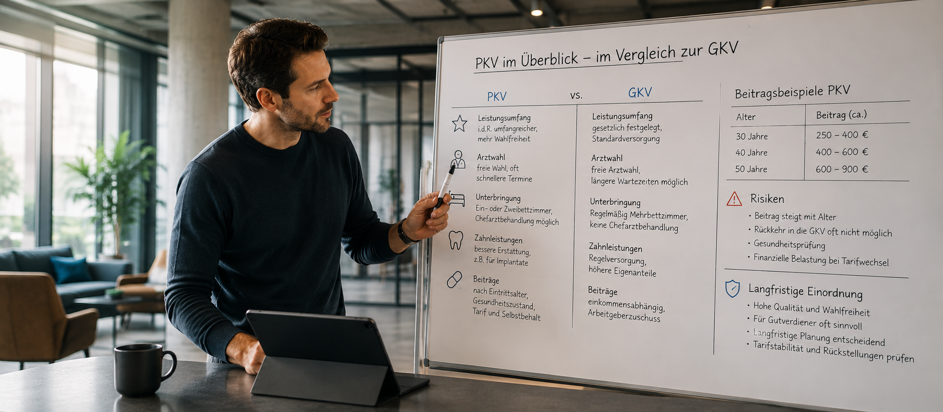 Ein Mann steht in einem modernen Büro vor einer Übersicht zu PKV und GKV und betrachtet aufmerksam Unterschiede bei Leistungen, Beiträgen und langfristigen Risiken – sachliche Szene zur privaten Krankenvollversicherung und finanziellen Gesundheitsvorsorge.