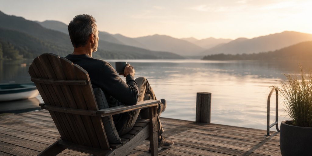 Ein Mann sitzt bei Sonnenuntergang auf einem ruhigen Holzsteg an einem See und blickt nachdenklich über das Wasser – atmosphärische Szene für langfristige Altersvorsorge, finanzielle Sicherheit und private Rentenplanung.