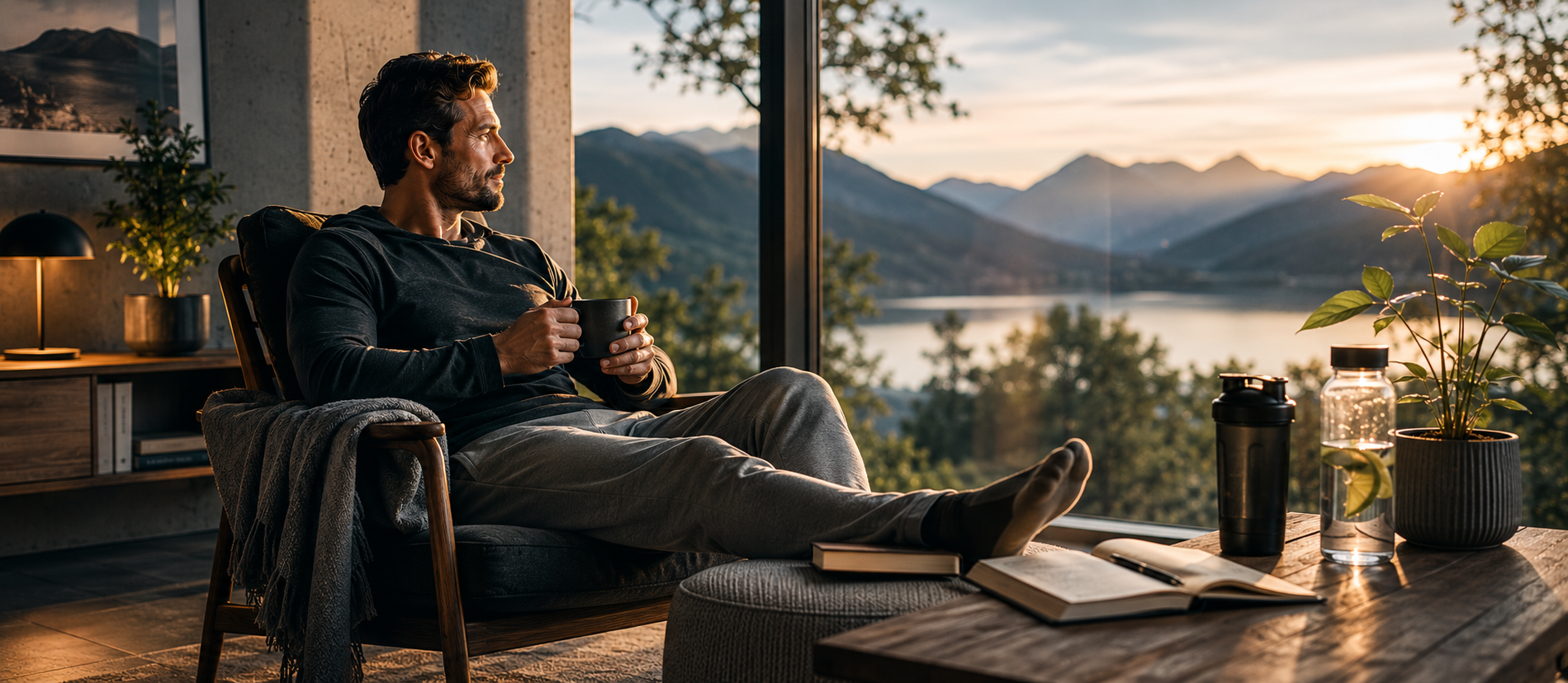 Mann sitzt entspannt mit Tasse am großen Panoramafenster eines modernen Wohnraums und blickt auf ruhige Berg- und Seenlandschaft im warmen Abendlicht, hochwertige cineastische Editorial-Szene über Erholung, mentale Regeneration und die Bedeutung bewusster Ruhephasen für langfristige Fitness und Gesundheit.