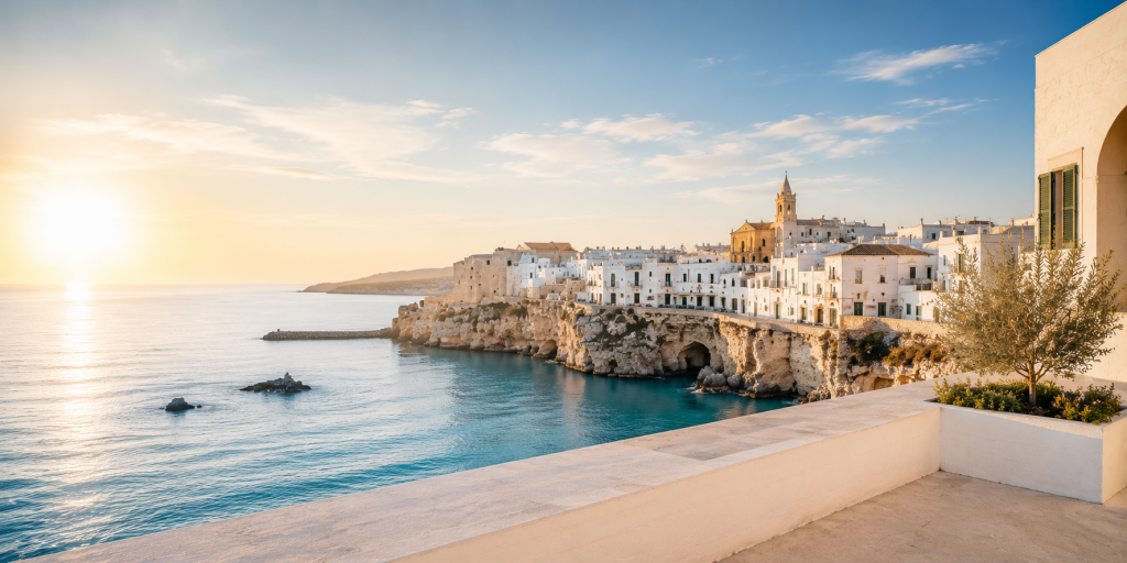 Minimalistische mediterrane Küstenszene mit weißen Häusern, heller Kalksteinarchitektur und türkisfarbenem Meer im warmen Sonnenlicht als hochwertiges Beitragsbild für Reisen, Perspektivwechsel und stilvolle Auszeiten.