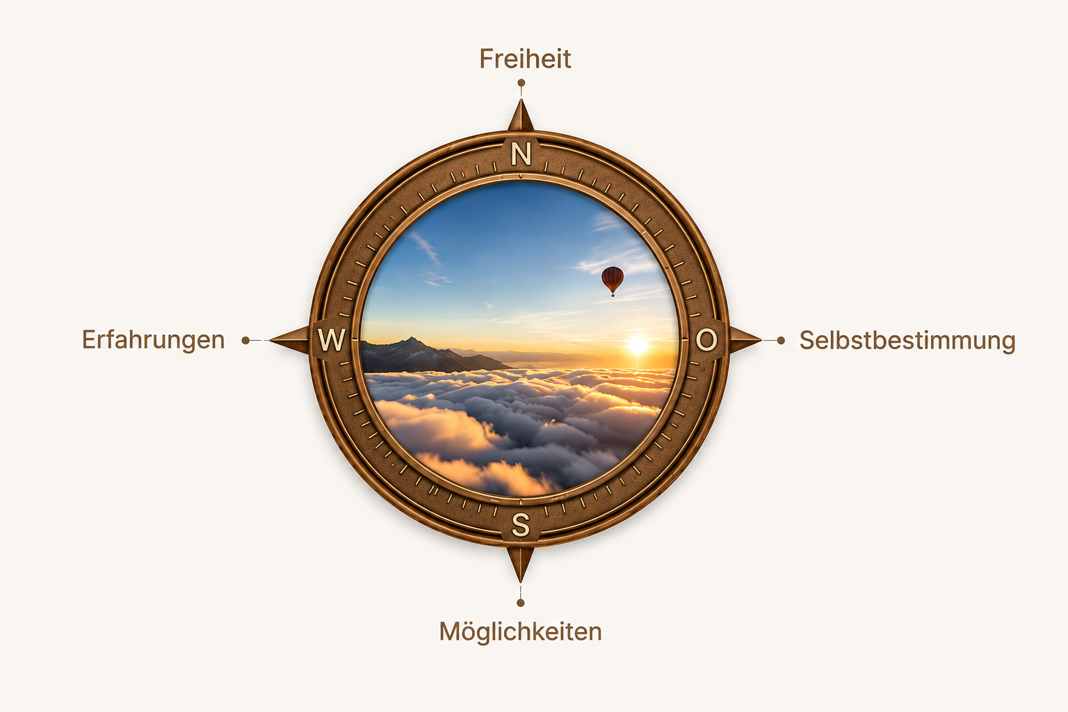 Der Männerfaktur Reisekompass mit den vier Elementen Freiheit, Selbstbestimmung, Erfahrungen und Möglichkeiten
