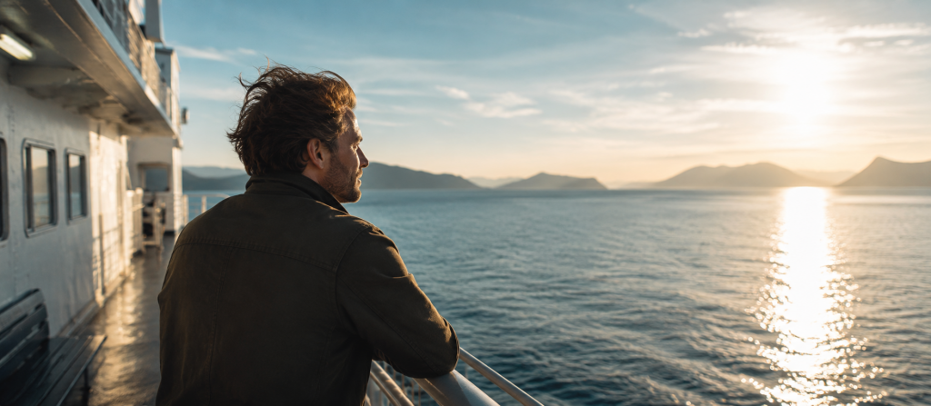 Mann steht auf dem Deck einer Fähre und blickt über das offene Meer in Richtung Horizont – eine ruhige Szene, die Reisen und Freiheit, Aufbruch, Weite und den Wunsch nach neuen Perspektiven symbolisiert.