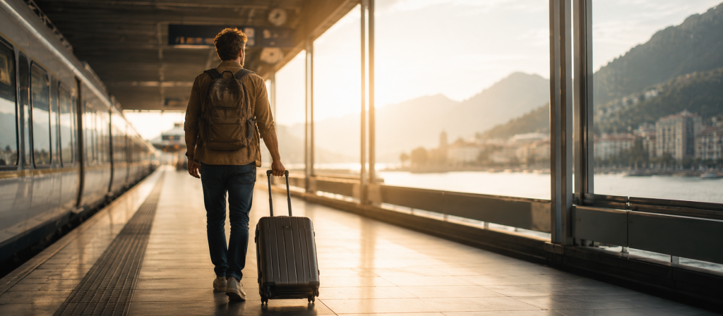 Mann mit Rollkoffer und Rucksack geht über einen hellen Bahnsteig am Wasser – eine ruhige Reiseszene, die Reisen und Freiheit, Aufbruch, Unabhängigkeit und neue Perspektiven symbolisiert.