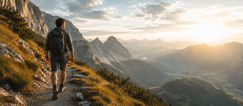 Mann wandert auf einem schmalen Bergtrail oberhalb einer weitläufigen Küstenlandschaft und blickt über Berge und Meer im warmen Abendlicht – eine Szene, die Reisen und Freiheit, Aufbruch, Weite und persönliche Orientierung symbolisiert.