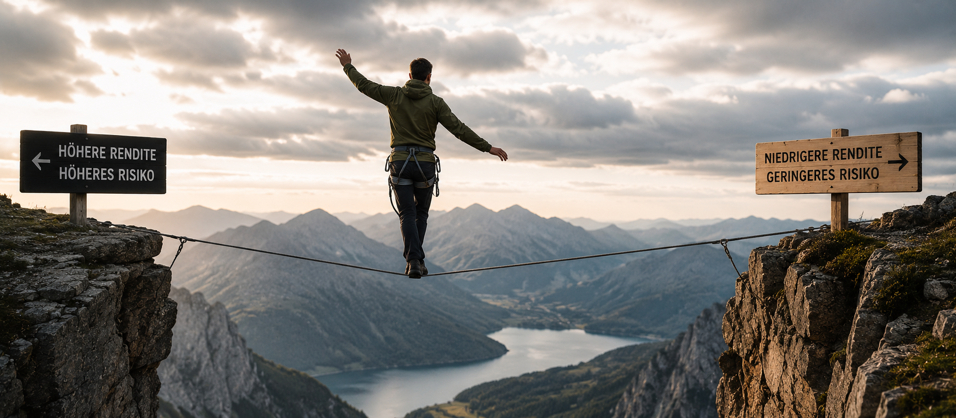 Ein Mann balanciert auf einer Slackline zwischen zwei Felsen über einer weiten Berglandschaft – symbolische Szene für Risiko und Rendite beim Investieren sowie den Zusammenhang zwischen höheren Gewinnchancen und stärkeren Schwankungen.