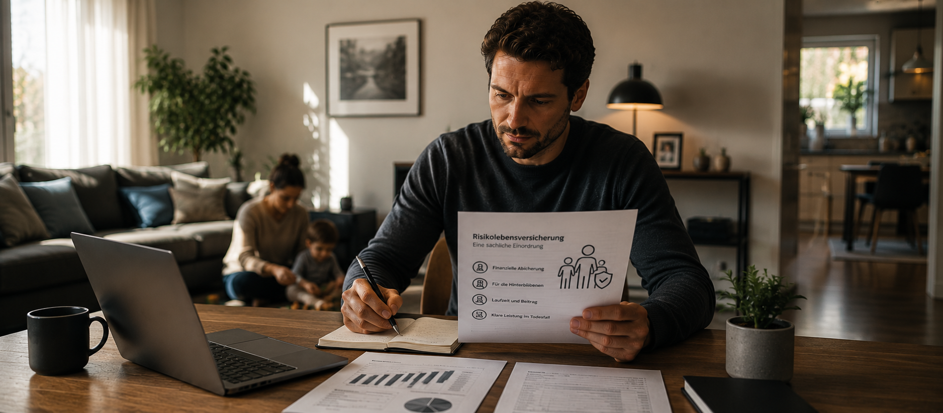 Ein Mann sitzt in einem modernen Wohnraum an einem Holztisch und prüft aufmerksam Unterlagen zur Risikolebensversicherung, während im Hintergrund seine Familie zu sehen ist – ruhige Szene für finanzielle Verantwortung, Absicherung der Angehörigen und langfristige Vorsorge.