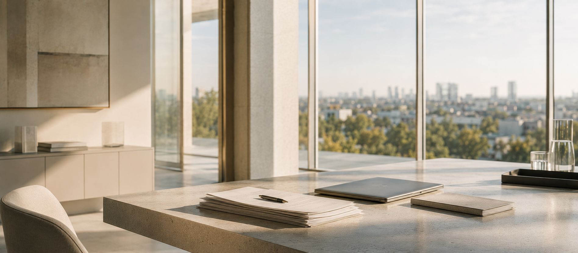 Heller moderner Businessraum mit großen Glasflächen, cremefarbenen Steinoberflächen und geordneten Unterlagen auf minimalistischem Tisch bei natürlichem Tageslicht – ruhige hochwertige Darstellung zum Thema SCHUFA-Score verstehen und langfristige finanzielle Übersicht.